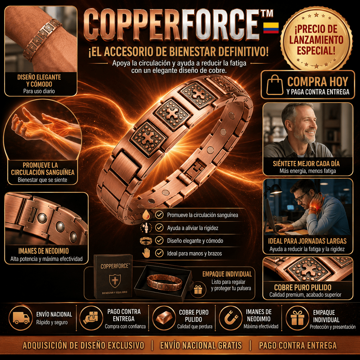 CopperForce™ — Brazalete Magnético de Cobre Que Aliva la fatiga y favorece la circulacion sanguinea