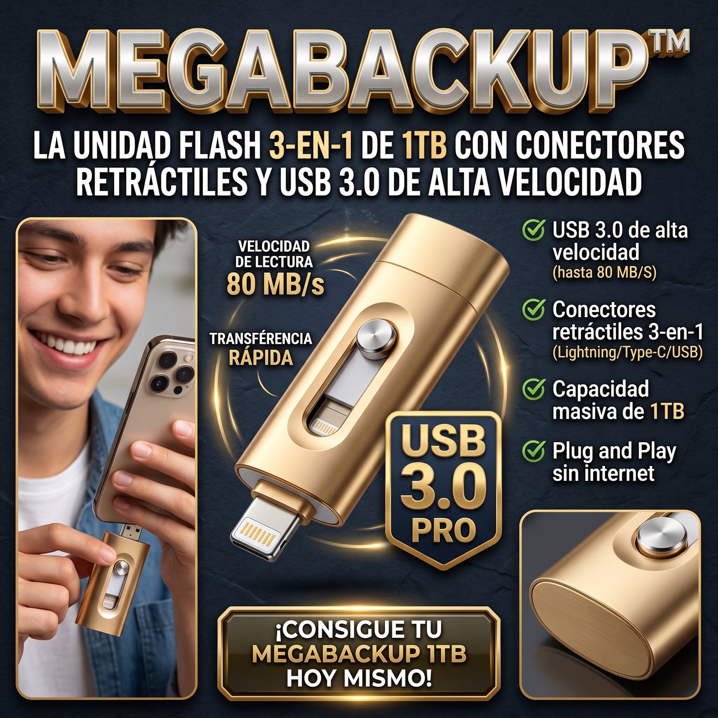 MEGABACKUP™ Memoria USB 3-en-1 de 1 TB (1024 GB)